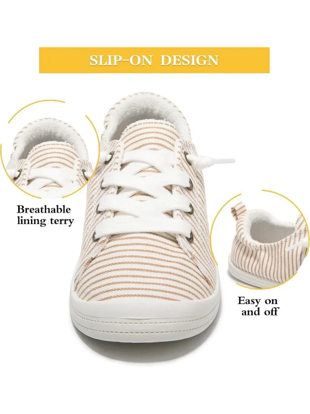 Women's Beige Stripe Comfortable Lace-Up Flat Breathable Walking Casual Sneakers